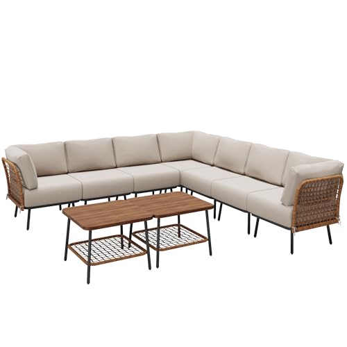 Mugovelo 9-Piece Patio Conversation Sets, Rattan Outdoor 7-Seat Sectional Sofa, Wicker Modular Furniture with 2 Storage Coffee Tables for Backyard, Garden, Porch