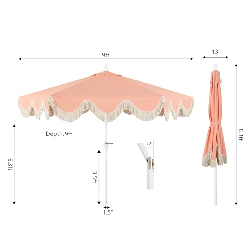 JONATHAN Y Collins 9 ft. Bohemian Fringe Outdoor Patio Umbrella with Crank Lift and Tilt, Scalloped UV-Resistant Market Sunshade for Pool and Deck, Coral Pink, White Pole UMB1001J
