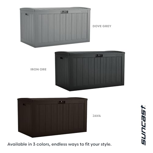 Suncast 134-Gal. Resin Extra-Large Outdoor Patio Deck Box with Pad-Lockable Lid, Modern Outdoor Patio Bench/Storage Box for Cushions, Garden Tools, and More, Iron Ore