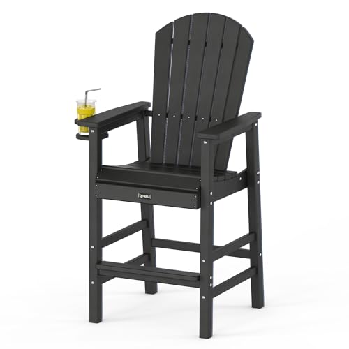 VINGLI Tall Adirondack Chair, All-Weather Plastic Adirondack Chair with Cup Holder Heavy-Duty Outdoor Barstools for Patio, Pool, Balcony,Backyard (Black, 1 PCS)