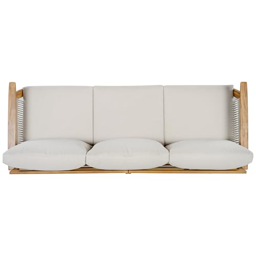 Christopher Knight Home Outdoor 3 Seater Patio Sofa with Acacia Wood Frame and Rope Weave Design, Cushioned Garden Couch with Removable Covers for Patio Deck Balcony, Teak and Beige