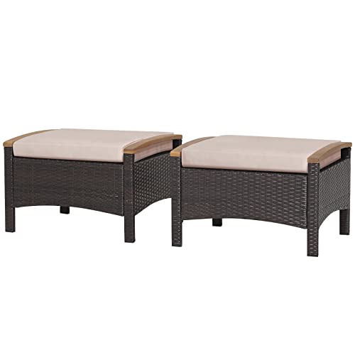 RELAX4LIFE Outdoor Wicker Ottomans for Patio - 2 Pieces PE Rattan Ottoman, Footrest Seat with Zippered Cushions, Acacia Wood Handles, 3-in-1 Footstool, Side Table for Poolside, Backyard (Brown)