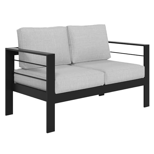 Solaste Aluminum Patio Loveseat, Metal Patio Sofa with Water-Resistant Cushion, Weather-Resistant Modern Outdoor Loveseat, Black Frame Grey Cushion