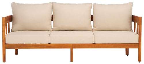 SAFAVIEH Outdoor - Owen 3-Seat Sofa - Natural & Taupe - Solid Wood with Cushion - Mid-Century Coastal Slatted Design - Ideal for Patio, Deck, Porch, Backyard, 15" Seat Height (PAT7091A)