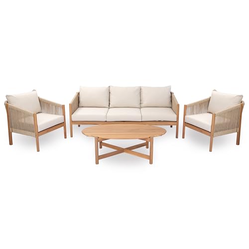 Christopher Knight Home Bubi 5-Seater Patio Furniture Set with Cushion, 4 Piece Outdoor Acacia Wood Conversation Set, Sold Wood Outdoor Sectional Sofa Set with Coffee Table, Teak+Beige