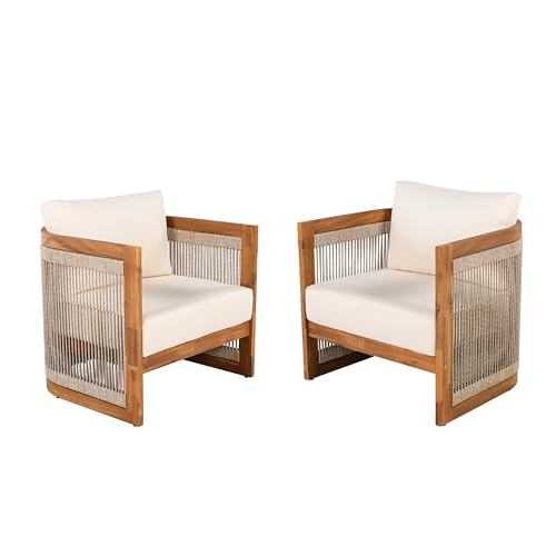 Christopher Knight Home Dora Set of 2 Patio Club Chair with Cushions, Acacia Wood Lounge Chair Outdoor, Woven Accents, Curved Design Side Chair for Balcony Backyard Garden Poolside, Beige + Teak