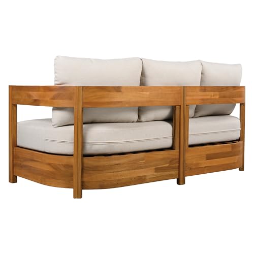 SAFAVIEH Outdoor - Kento 3-Seat Sofa - Natural & Taupe - Solid Wood with Cushion - Modern Slatted Round-Frame Design - Ideal for Patio, Deck, Porch, Backyard, 16" Seat Height (PAT7098A)