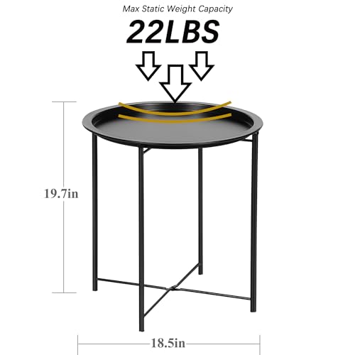 VECELO Side/End Table, Folding Round Metal Anti-Rust and Waterproof Outdoor or Indoor Tray for Living Room Bedroom Balcony and Office, 2 PCS, Black