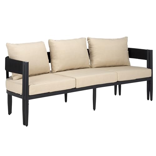 SAFAVIEH Outdoor Collection Viola Black & Taupe Curved Back 3-Seater Sofa