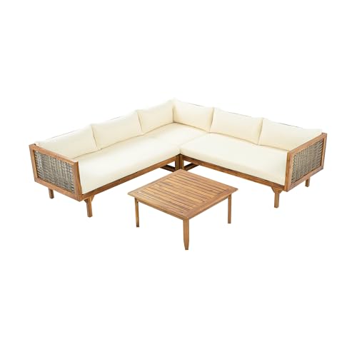 Christopher Knight Home Tenntt 5-Seater Acacia Wood Patio Furniture Set, Outdoor Conversation Sofa Chat Set with Coffee Table, Wicker Arm, Sectional Seating Group for Backyard Balcony, Teak+Beige