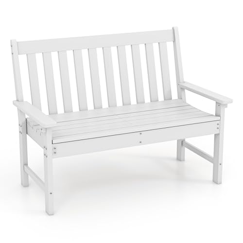 Giantex Outdoor Bench, 52-Inch Outside Bench All-Weather HDPE Park Bench with Backrest and Armrests, 705 lbs Weight Capacity, 2-Person Slatted Patio Bench for Porch, Yard, Lawn, Garden Bench (White)