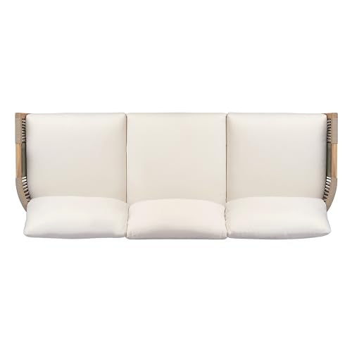 Christopher Knight Home Outdoor Acacia Wood 3-Seater Sofa, 76'' Upholstered Cushion Couch, Patio Acacia Wood Bench Sofa, Spacious Outdoor Seating Bench Couch for Garden Porch Balcony, Teak+Beige