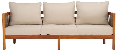 SAFAVIEH Outdoor Collection Amanda Natural Acacia Solid Wood/Taupe Cushion 3-Seater Sofa