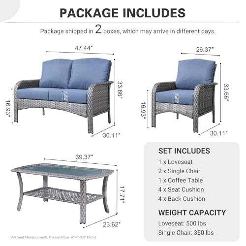 ovios 4-Piece Patio Furniture Set, Outdoor Wicker Sofa with Chairs Coffee Table, High Back Rattan Couch Loveseat with Comfy Cushions for Porch Yard Deck, Denim Blue