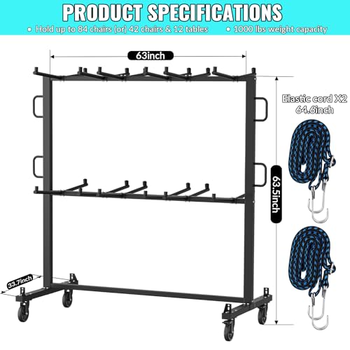 Folding Chair Rack- Heavy Duty Folding Chair Cart with Swivel Wheels, 84 Chairs or 42 Chairs and 12 Table,1000lbs Weight Capacity, with Outdoor Cover and 2 Binding Ropes 2 Rubber Locking Wheels