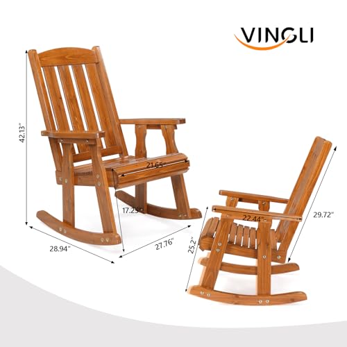VINGLI Outdoor Rocking Chair Set of 2, Heavy Duty 600 LBS Wooden Rocking Chair with Comfortable Backrest, Weatherproof Rocker with Ergonomic Design, Suit for Patio, Garden, Yard, Teak