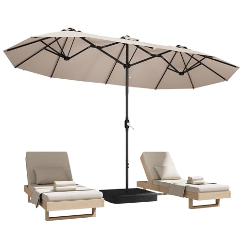 DomeShade 15ft Patio Umbrella with Base,Large Outdoor Double-Sided Rectangle Umbrella with Crank Handle, Market Umbrella for Poolside Garden Deck Backyard Beach Pools, Beige