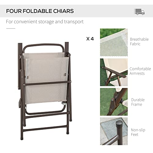 Outsunny 6 Piece Patio Dining Set for 4 with Umbrella, Outdoor Table and Chairs with 4 Folding Dining Chairs & Round Glass Table for Garden, Backyard and Poolside, Beige