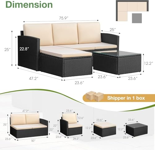 Devoko Patio Sofa,Outdoor Furniture Set 4 Pieces,Wicker Sectional Couch with Glass Desktop and 75.9in Wide Backrest for Backyard, Deck,Porch & Poolside(Black)