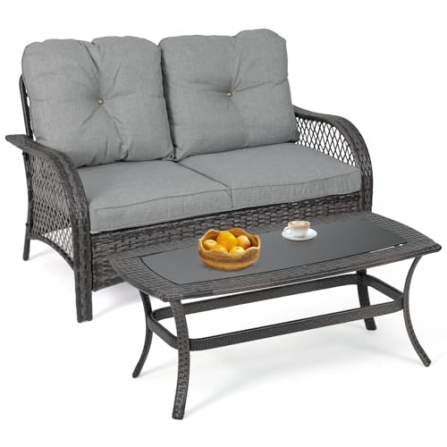 Magshion Outdoor Patio Loveseat Set, 2 Seat Sofa Furniture Set with Soft Cushions and SideTable, All-Weather Rattan Conversation Couch for Backyard, Balcony, and Deck, Grey