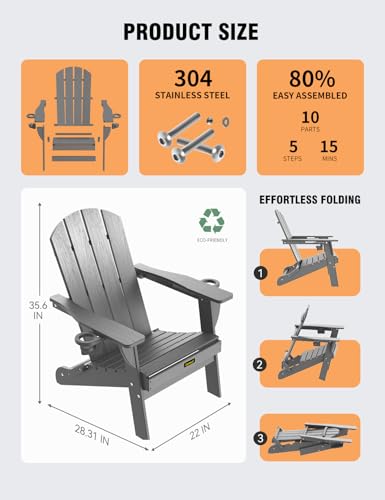 Folding Adirondack Chair, Wooden Textured Plastic Adirondack Chairs with 2 Cup Holder, Weather Resistant HDPE Fire Pit Chair, Outdoor Patio Chairs for Garden, Backyard, Lawn, Deck, 380LBS, Grey
