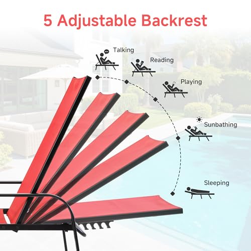 DUMOS Outdoor Lounge Chaise Set of 2 for Poolside Patio, 5-Position Chaise with Armrest, Sun Tanning Chair 350 lbs Heavy Duty Patio Pool Chair, Waterproof Lounge for Deck,Backyard, Beach, Red