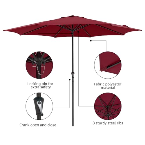 COBANA 11' Patio Umbrella, Outdoor Table Market Large Umbrella with 8 Steel Ribs and Crank, Dark Red