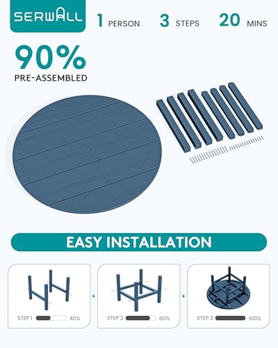SERWALL 35.5'' Round Outdoor Table with Umbrella Hole, HDPE Weatherproof Coffee Table, Blue