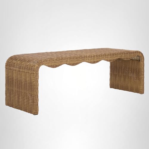 SAFAVIEH Couture Outdoor - Lynsee Natural Faux Wicker Patio Bench, Handwoven Rattan-Style Outdoor Seating with Stainless Steel Frame, Fully Assembled, 60" W x 20" D x 20" H (CPT2113A)