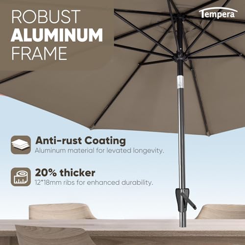 Tempera 9ft Patio Market Outdoor Table Umbrella with Push Button Tilt and Crank, Large Sun Umbrella with Sturdy Pole & Fade Resistant Canopy, Easy to Set, Taupe