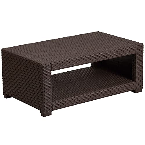 Flash Furniture Seneca Indoor/Outdoor Chocolate Brown Faux Rattan Coffee Table with Open Storage