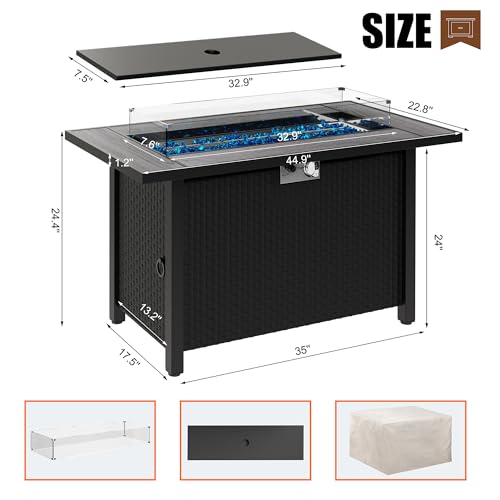 45 inch Outdoor Propane Fire Pit 50,000 BTU Gas Fire Pit Table with Lid, Glass Wind Guard, Waterproof Cover, Rectangle Gas Firepit Table for Garden/Patio, CSA Certification