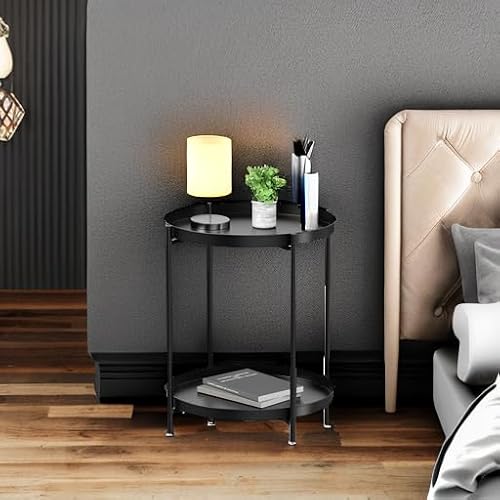 EKNITEY 2 Tier End Table - Metal Side Table Waterproof Small Sofa Coffee Side Tables Bedroom Indoor Outdoor with Removable Tray for Living Room Bedroom Balcony and Office (Black)