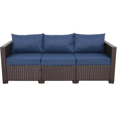 Rattaner 3-Seat Patio Wicker Sofa, Outdoor Rattan Couch Furniture Steel Frame with Furniture Cover and Deep Seat High Back, Blue Anti-Slip Cushion.