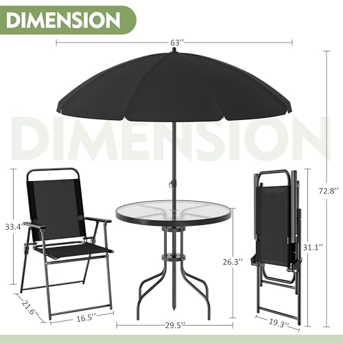 Shintenchi 6 Piece Outdoor Patio Furniture Set, Small Outdoor Patio Dining Table and Chairs Set, Outdoor Seating with Umbrella for Backyard, Balcony, Front Porch, Onyx