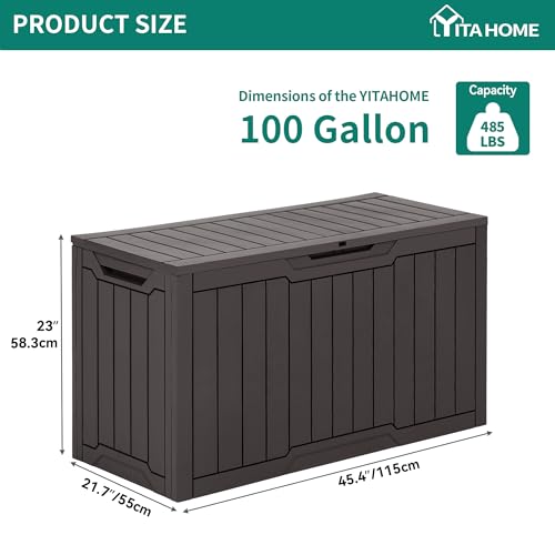 YITAHOME 100 Gallon Outdoor Storage Box, Large Water Resistant Resin Deck Box, Indoor Outdoor Lockable Storage Container for Patio, Garden, Cushions, Tools, Equipment (Dark Brown)