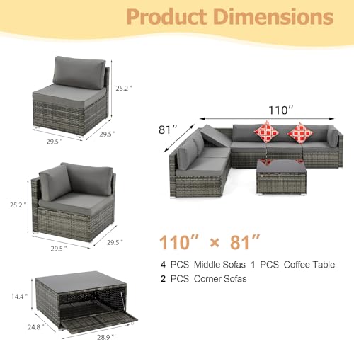HOMREST 7 Piece Patio Furniture Set with Adjustable Bracket All-Weather Wicker Conversation Set with Coffee Table for Porch Garden Backyard (Gray)