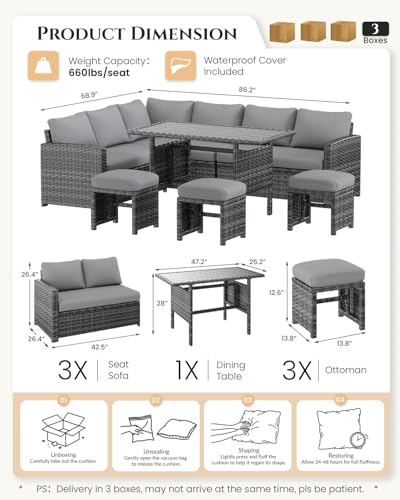 U-MAX 7 Pieces Patio Furniture Set with Waterproof Cover, Outdoor Sectional Sofa Conversation Set, All Weather Wicker Rattan Dining Table & Chair with Ottoman, Grey Rattan&Grey Cushion