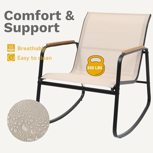 DWVO Patio Rocking Bistro Set, 3 Piece Durable Textilene Outdoor Furniture Set, Wooden Armrest Rocker Chairs & Glass Table for Garden, Balcony & Poolside, Beige