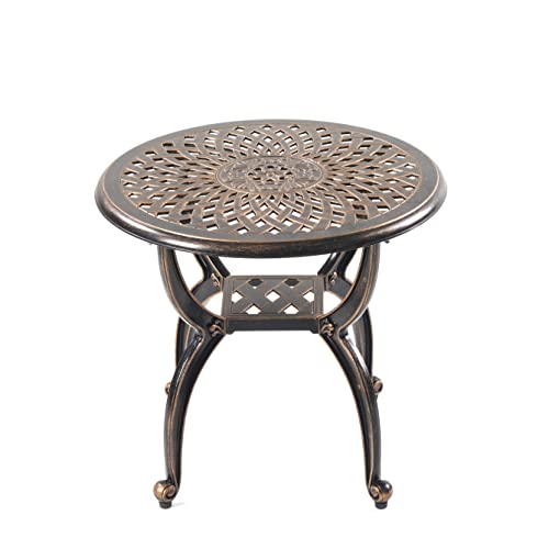 Mandolin Outdoor Patio,Rust -Resistant Cast Aluminum Side Table,Weather Resistant End Table，Coffee Table， Perfect for Patio, Backyard Or Garden. (Aluminum Round, Copper)