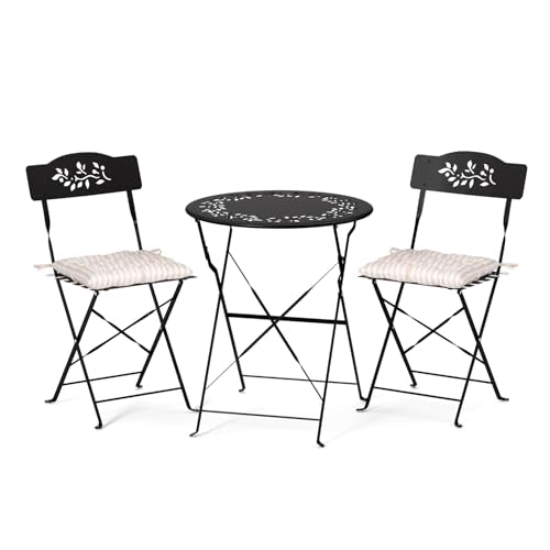 VINGLI Outdoor Folding Bistro Table and Chairs Set of 2, 3-Piece Bistro Set with Olive Leaf Cutout Design and Comfortable Cushions for Patio, Balcony, Garden, Porch, Yard, Black