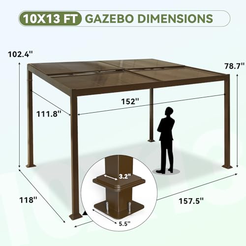 HOMMOW Gazebo 10’x13‘ with Adjustable Polycarbonate Roofs, All Aluminum Frame Permanent Pergola for Patio, Outdoor Freestanding Shelter, Dark Brown