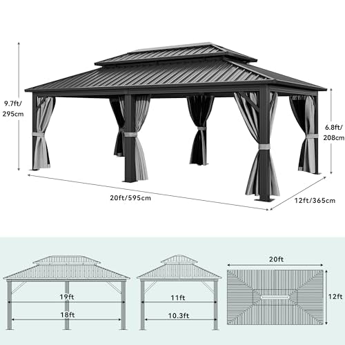 YITAHOME 12X20FT Gazebo Hard Top Patios Double Roof Aluminum Frame Garden Gazebo Tent Curtains Netting for Patios Backyards Decks Lawns Gray
