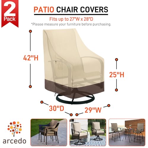 Arcedo Outdoor High Back Chair Covers Waterproof, Heavy Duty Stackable Dining Swivel Chair Covers, All Weather Resistant Patio Furniture Cover, 29”W x 30”D x 42”H, 2 Pack, Beige & Brown