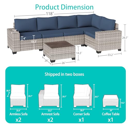 Muphyers 6-Piece Outdoor Patio Furniture Set Wicker Rattan Sectional Sofa Set, Patio Conversation Set with Thickened Cushions & Coffee Table for Garden, Backyard, Navy Blue