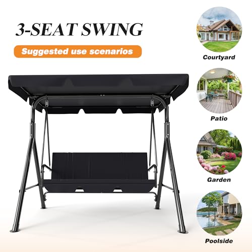 3-Seat Patio Swing Chair,Outdoor Porch Swing with Adjustable Canopy and Durable Steel Frame for Patio, Garden, Poolside (Black)