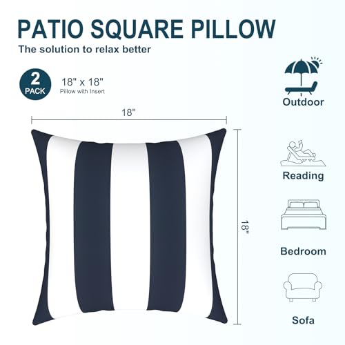DYTXIII Pack of 2 Waterproof Outdoor Pillow with Inserts, 18x18 Square Patio Decorative Throw Pillow for Home,Sofa,Bench and Patio Furniture,Cabana Navy
