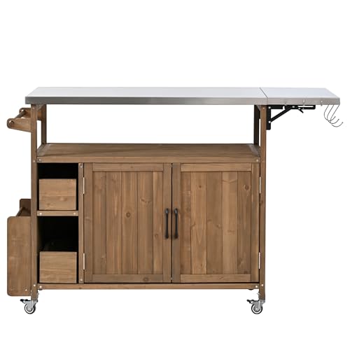 Christopher Knight Home Edsel Outdoor Bar Cart with Stainless Steel Top and Lockable Wheels, Solid Wood Outdoor Storage Cabinet, Kitchen Island Serving Cart for Poolside, Garden, Natural Brown+Silver