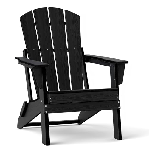 EcoVida Outdoors Folding Adirondack Chair, Lightweight & Portable HDPE Patio Chair, All-Weather Space-Saving Foldable Fire Pit Seating for Camping, Backyard, Deck-Black
