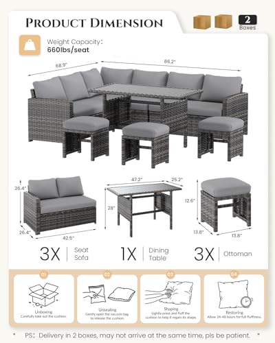 U-MAX 7 Pieces Patio Furniture Set, Outdoor Sectional Sofa Conversation Set, All Weather Wicker Rattan Dining Table & Chair with Ottoman, Grey Rattan&Grey Cushion